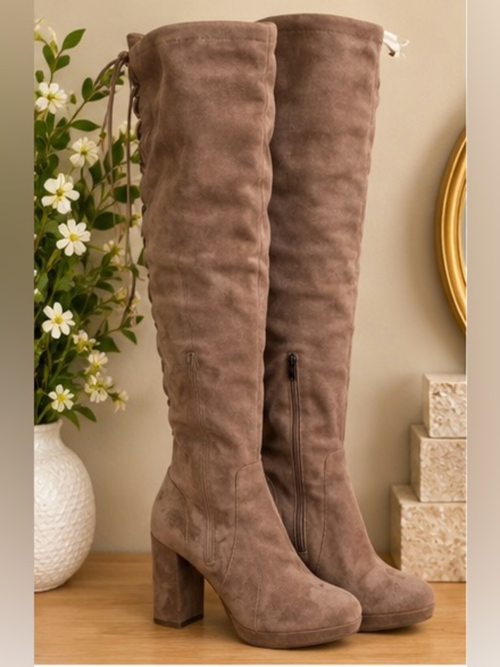 Wild Diva Taupe Faux Suede Lace-Up Thigh High Boots Size 7 NWOT